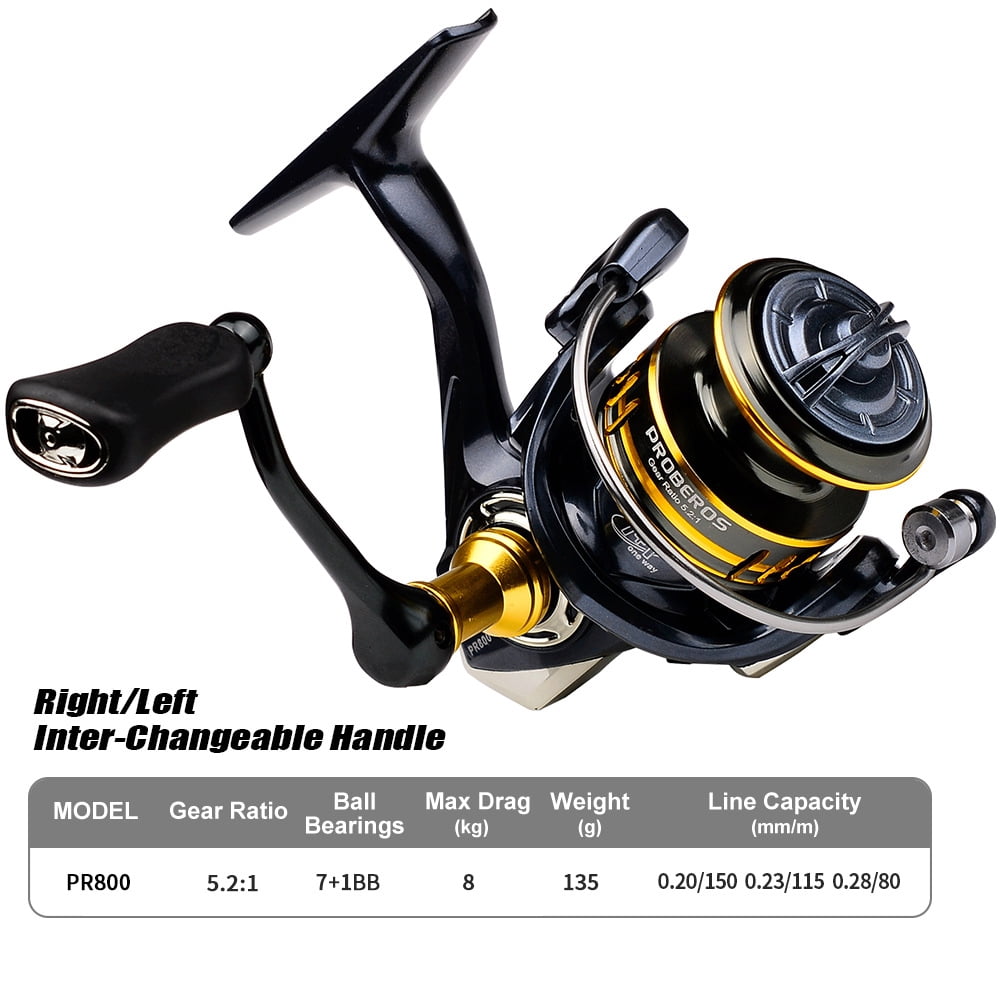 PR800 Spinning Fishing Reel, 5.2:1 Gear Ratio, 135g Ultra Light, 8KG Max Drag, Left/Right Interchangeable Handle with Deep Spool