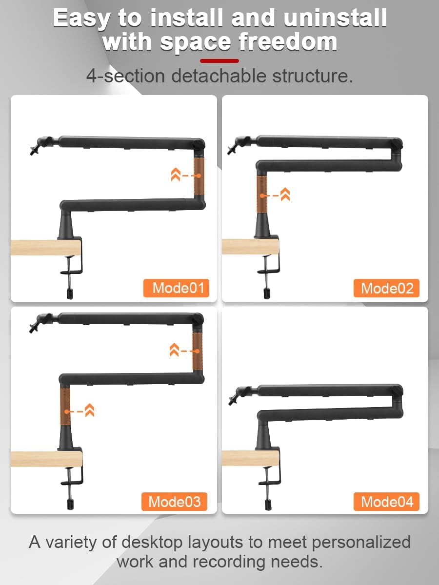Low  Mic Arm Stand Adjustable Desk Clamp with 360 Swivel Detachable Rise Column Built-In  Management for Podcasting Streaming