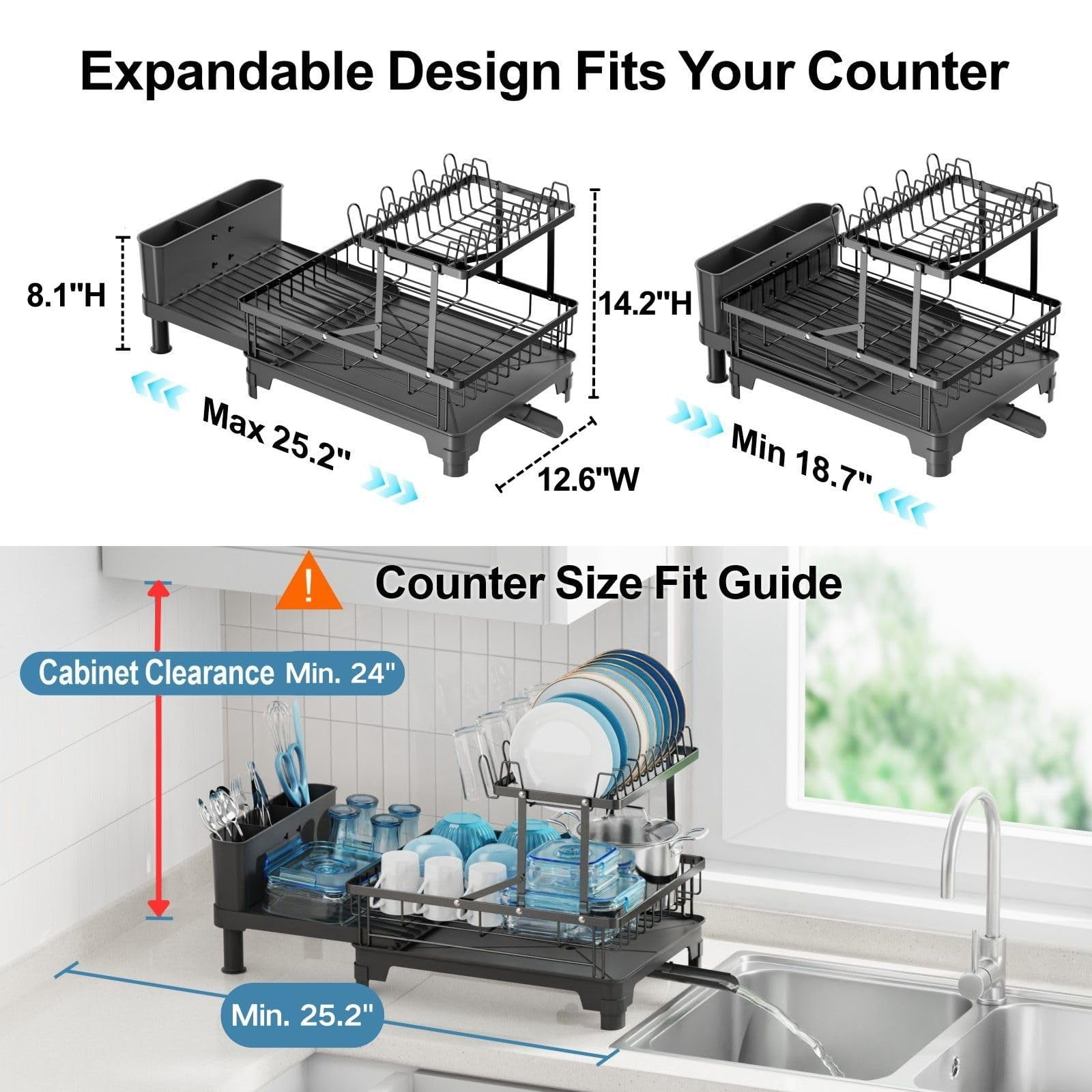 2 Tier Dish Drying Rack With Drainboard  Expandable Large Drainer For Kitchen Counter Rust Resistant Cup Holder & Utensil 12.6" W X 18.7"-25.2" L Black