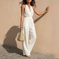 thumbnail image 5 of biudgviw Women's Halter Jumpsuits Casual V Neck Sleeveless Ruched Rompers Elastic Waist Wide Leg Jumpsuit with Pockets, 5 of 7