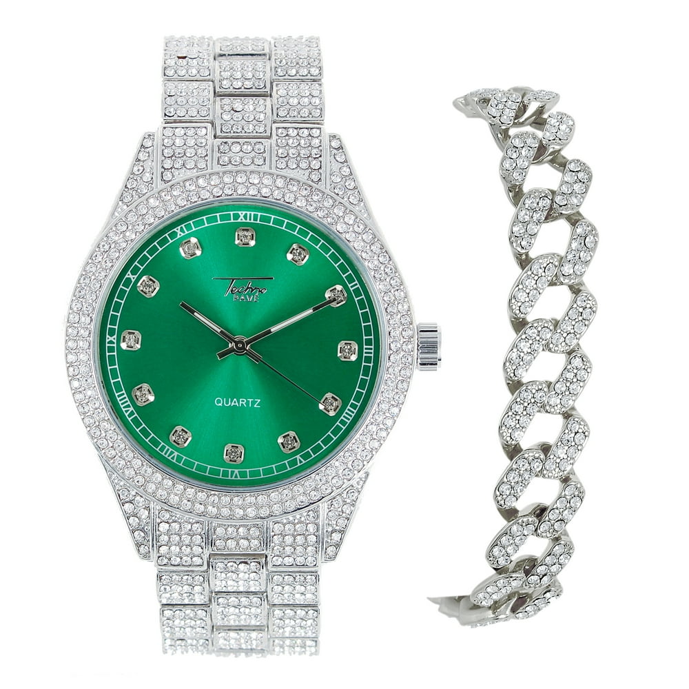 Techno Pave Mens Watch and Cuban Bracelet Combo Set Silver 43mm