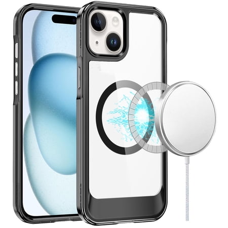 For iPhone 15 Thick Transparent HQ [Magnetic Circle] Case - Black
