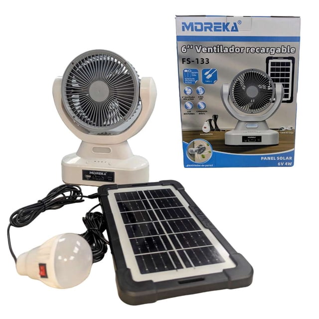 Ventilador Solar Recargable 6" Cargador De Celular Foco y Panel Solar Moreka FS-133