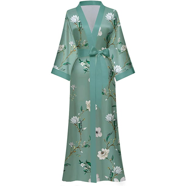 AMITOFO Long Silk Kimono Robes for Women Lightweight Silky Satin Floral ...