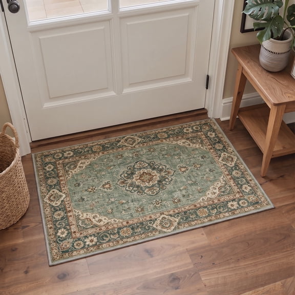 KUETH 2x3 Soft Classic Diamond Persian Accent Rug, Machine Washable Low Pile Non Slip Backing Rug, Dusty Sage Rug for Entryway Kitchen