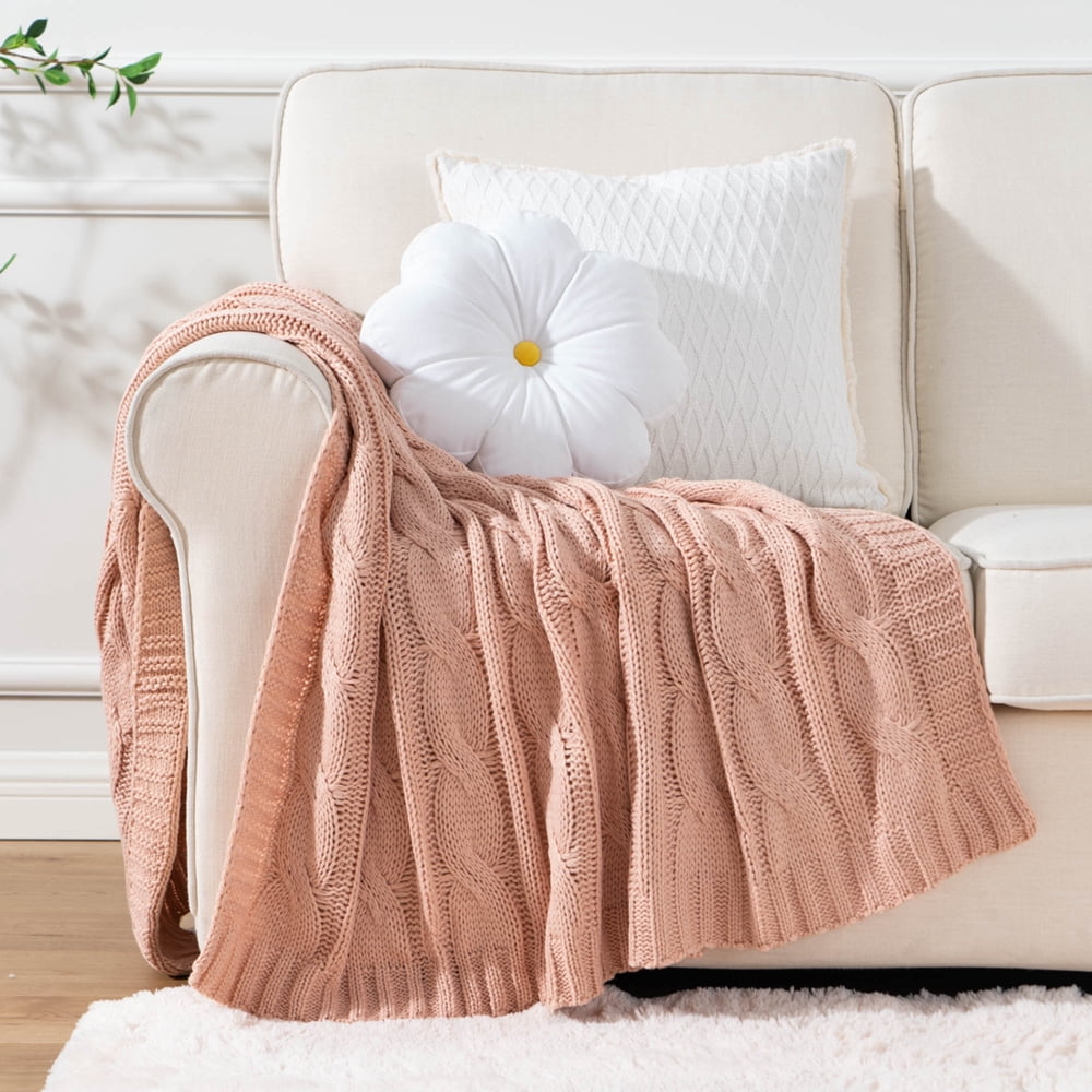 Battilo Cable Knitted Blanket Blush Pink for Sofa,Pale Pink Blankets for Fall Home Decor,50" x 60"