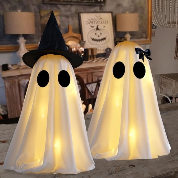 2-Pack DIY Light-Up Halloween Ghost Decorations, Spooky-Cute Standing Ghost Crafts, Illuminated Indoor Tabletop Decor for Mantel, Shelf & Party