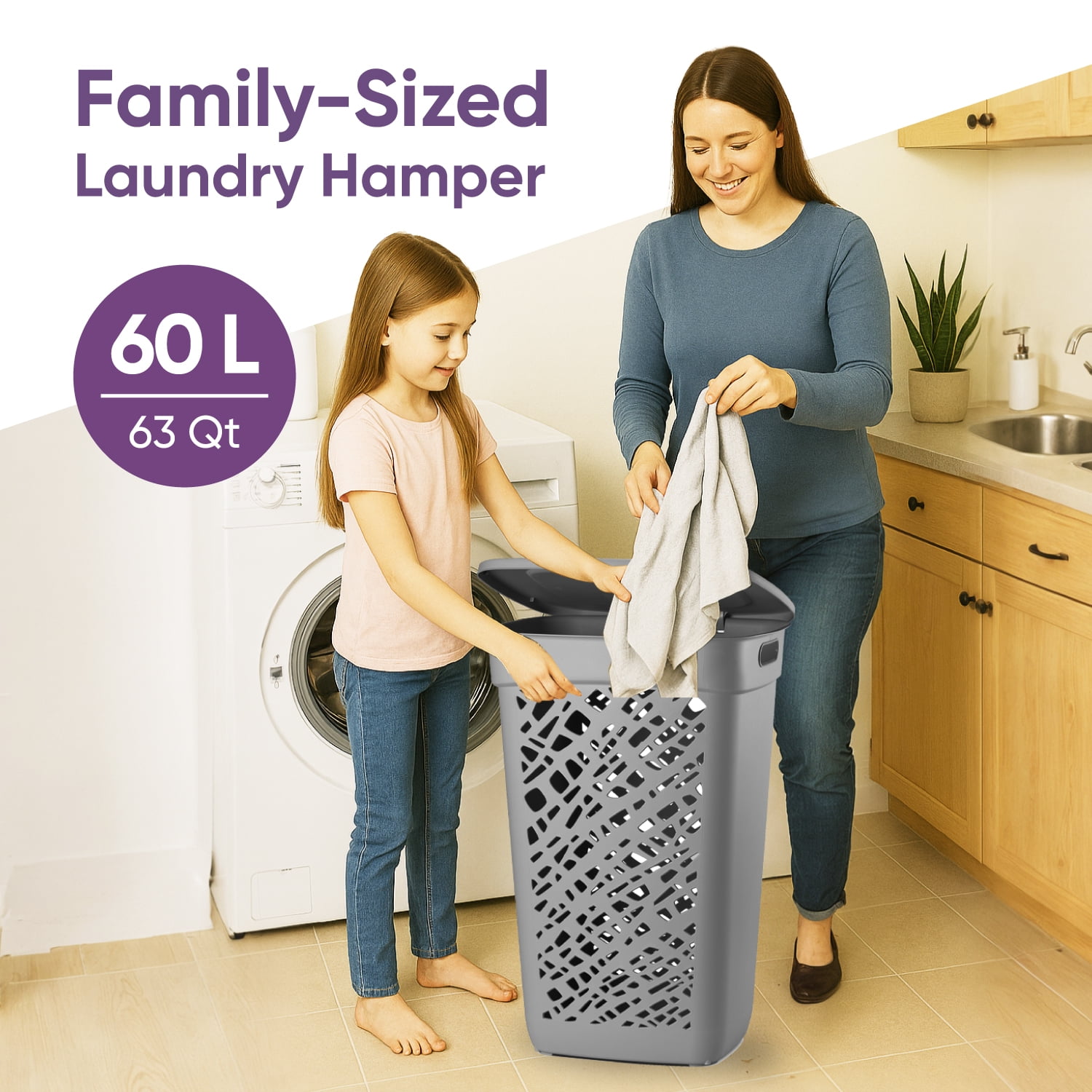 Non-Breakable Mosaic Hamper, 60L -Dark Gray, Elegant Design, Vented Laundry Basket, Made in France
