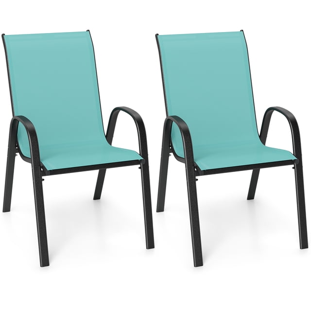 Costway 2PCS Patio Dining Chairs Stackable Armrest Space Saving, Black & Turquoise