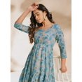 thumbnail image 3 of Janasya Indian Women's Light Blue Cotton Floral Fit & Flare Dress, 3 of 5