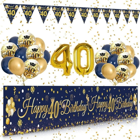40th Birthday Decorations, Navy Blue Gold 40th Happy Birthday Banner with Balloons, Men 40 Years Old Birthday Backdrop Yard Signs Forty Birthday Decor Supplies