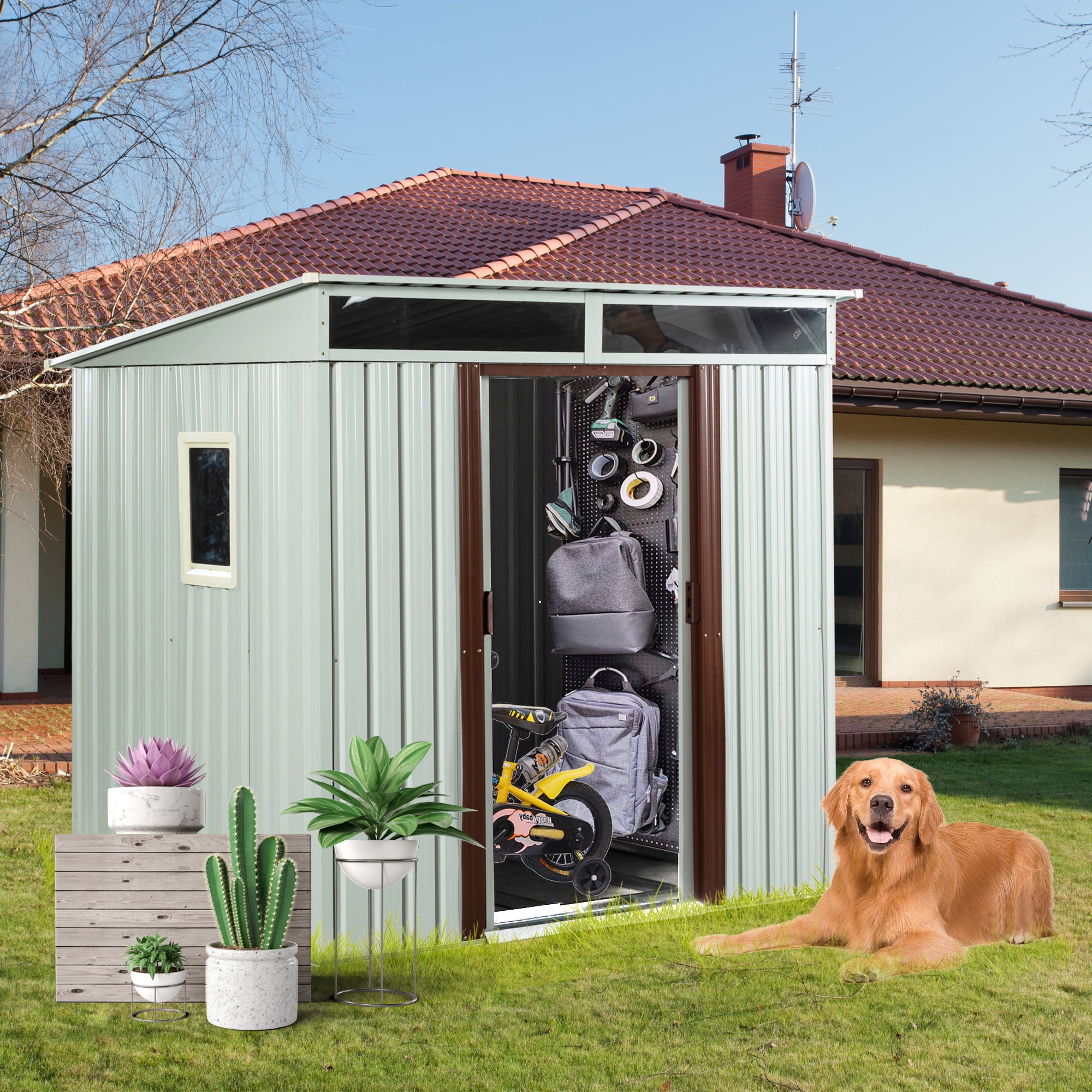 Aimee Lii 72"x54" Metal Outdoor Storage Shed, Metal Sheds Outdoor Storage for Backyard Garden Patio Lawn, Utility Tool Shed Storage House, White