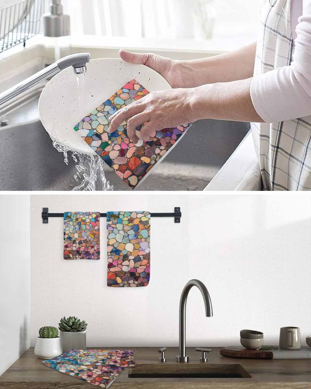 Colorful Stone Hand Towels Set,Waffle Weave Kitchen Towels 2 Pieces,Microfiber Hair Face Bath Tea Towel Absorbent Quick Drying Cleaning Dish Cloths,Rainbow Abstract Oil Painting Brushwork 15.7"x23.6"