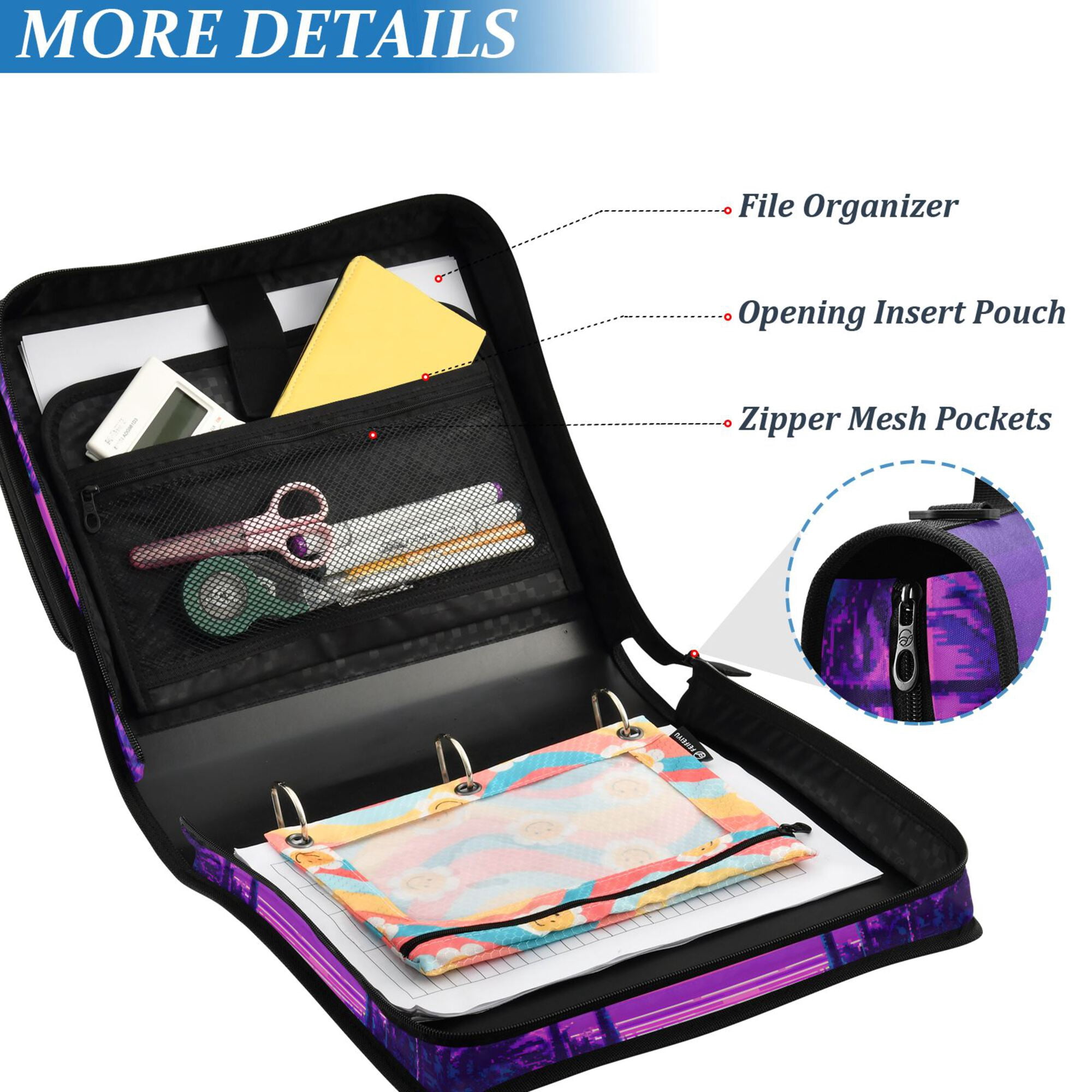 FORMRS Zipper Binder with Shoulder Strap 2-inch Ring 500 Sheet Capacity File Bag, Purple Digital Art