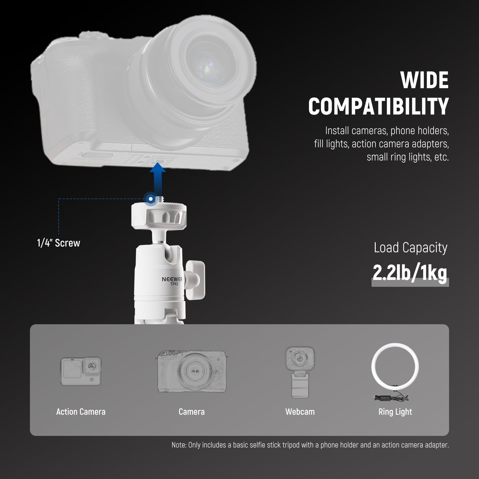 Neewer TP43 Mini Desktop Tripod - 360° Ball Head, for iPhone/GoPro/Insta360/DJI, Metal Stand for Webcam/Vlogging (White)