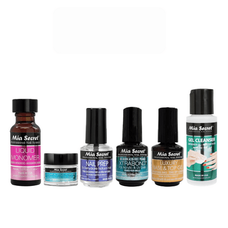 Mia Secret - Liquid Monomer 0.5 fl oz. + Clear Acrylic Powder 0.25 oz + Nail Prep 0.25 fl oz.+ Xtrabond 0.25 fl oz. + Luxury Base & Top Gel + Gel Cleanser 2oz - COMBO