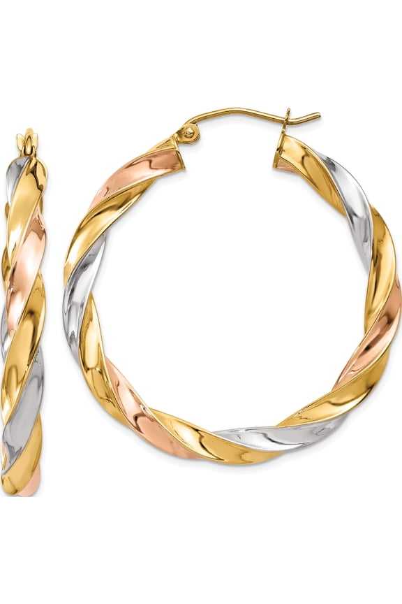 14K Tri-Color Light Twisted Hoop Earrings (34 X 36) Made In Indonesia tf655