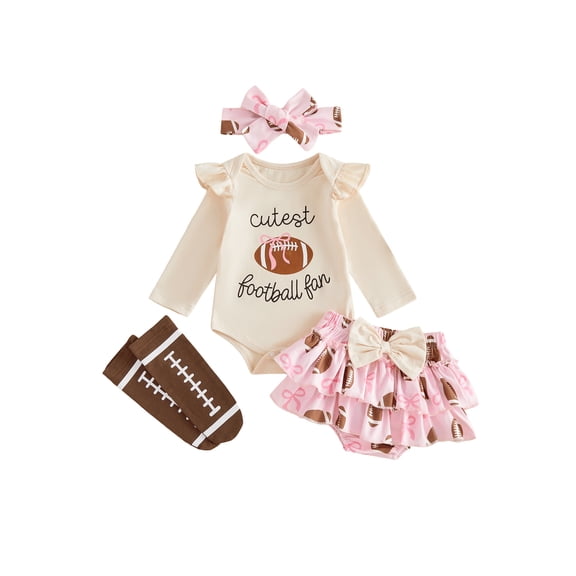 Loicainy Infant Baby Girls Football Outfits 3 6 9 12 18 Months Flying Sleeve Letter Rugby Print Romper Tiered PP Shorts Headband Socks Clothes Sets