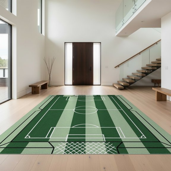 Design&I 8'x10' Washable Area Rug Soccer Field Stadium Stripes Pitch Markings Goal Net Theme Door for Living Room, Family Extra Large Skid-Resistant Low Profile