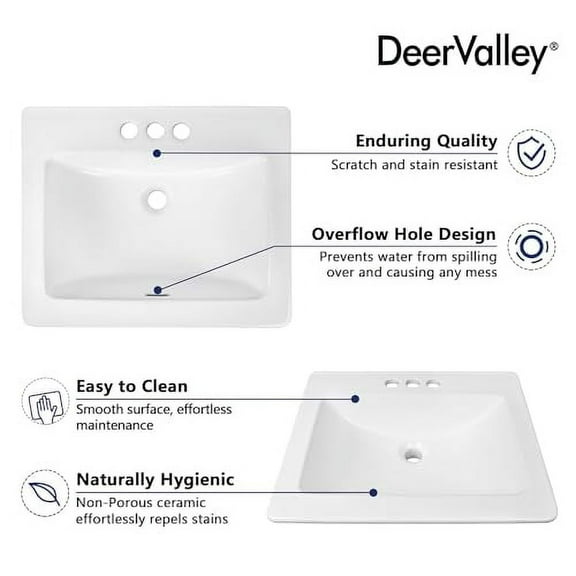 Bathroom Vessel Sink, DeerValley, 21”x18”Rectangular Drop-in Sink for Bathroom Ceramic Vessel Sink White Bathroom Sink Under Counter Modern Art Basin with Overflow, DV-1DS0122