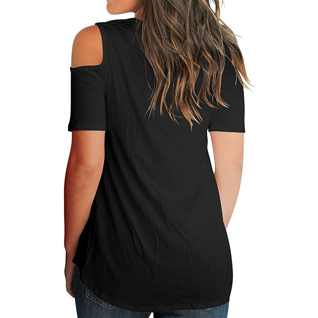 Elenxs Cold Shoulder Girl Casual T-shirt Short Sleeve Loose Blouse - image 4 of 5