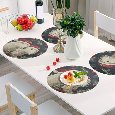 

Round Grid Placemat One Sizex4 Round Placemat PVC Plate Mat，15.4 Inch Non-Slip and Heat Resistant Table Placemat Dining Room Placemat Two Christmas Bears