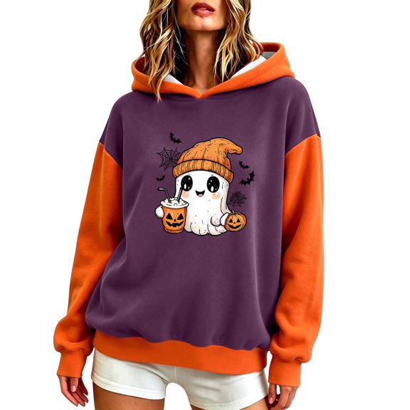 DeHolifer Womens Halloween Sweatshirts Casual Printed Hoodies Lightweight Fall Winter Pullover Tops Purple L