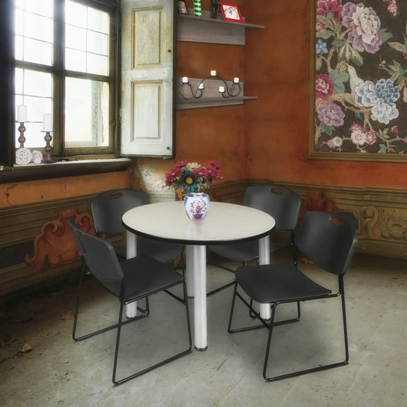Kee 36" Round Breakroom Table- Maple/ Chrome & 4 Zeng Stack Chairs- Black