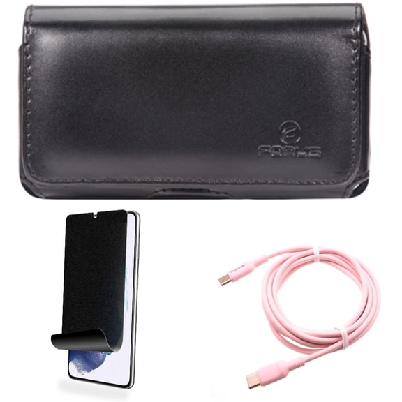 For Samsung Galaxy S21 (6.2") - [Fingerprint Works] TPU Film Privacy Screen Protector   Swivel Leather Case Belt Clip   PD Fast Charger USB-C to Type-C Pink 10ft Long Cable