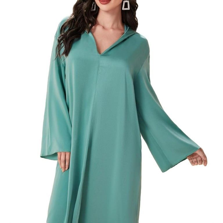 Modest Solid Hooded Tunic Dress Long Sleeve Cadet Blue Kaftan