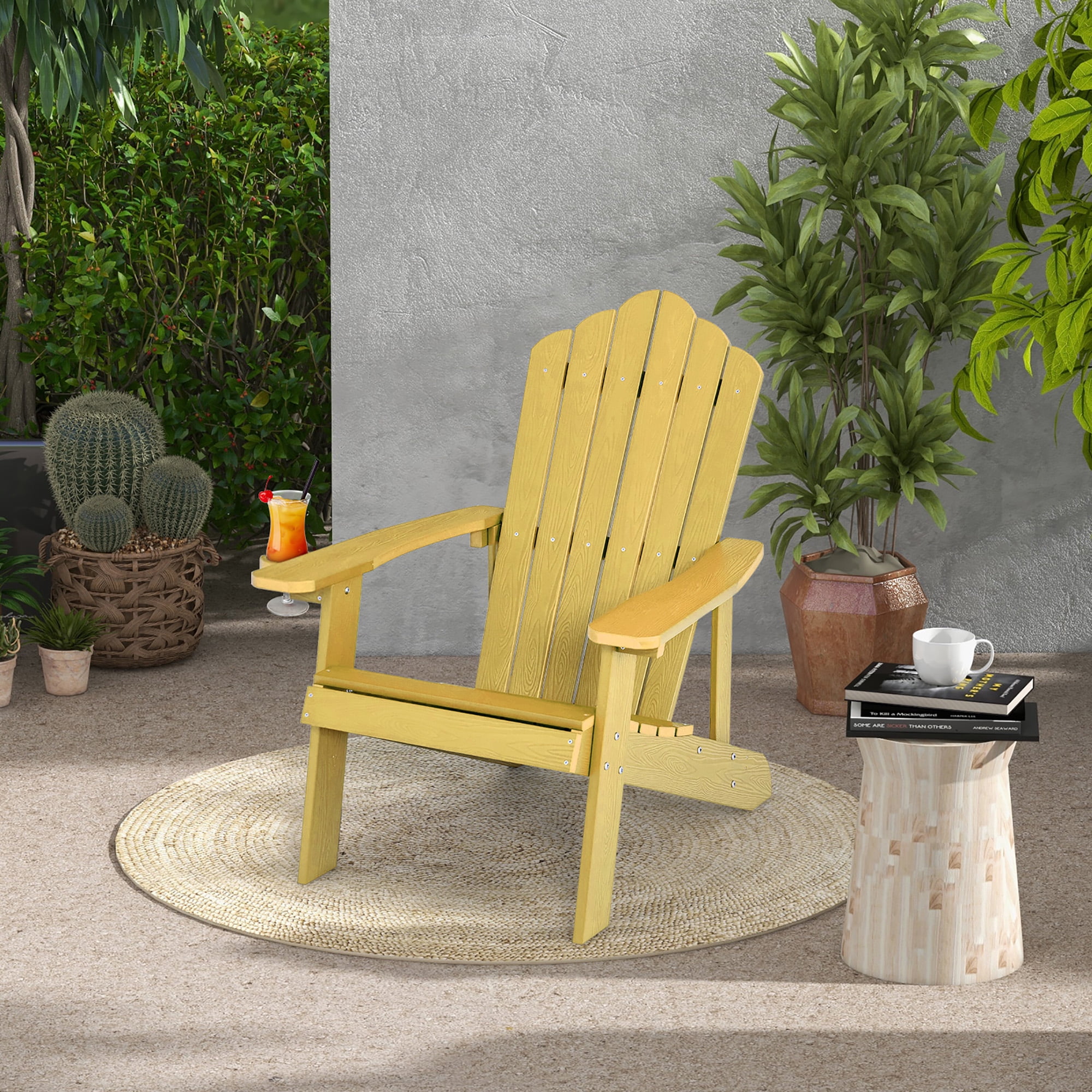 Costway Patio HIPS Adirondack Chair with Cup Holder Weather Resistant Outdoor 380LBS Yellow