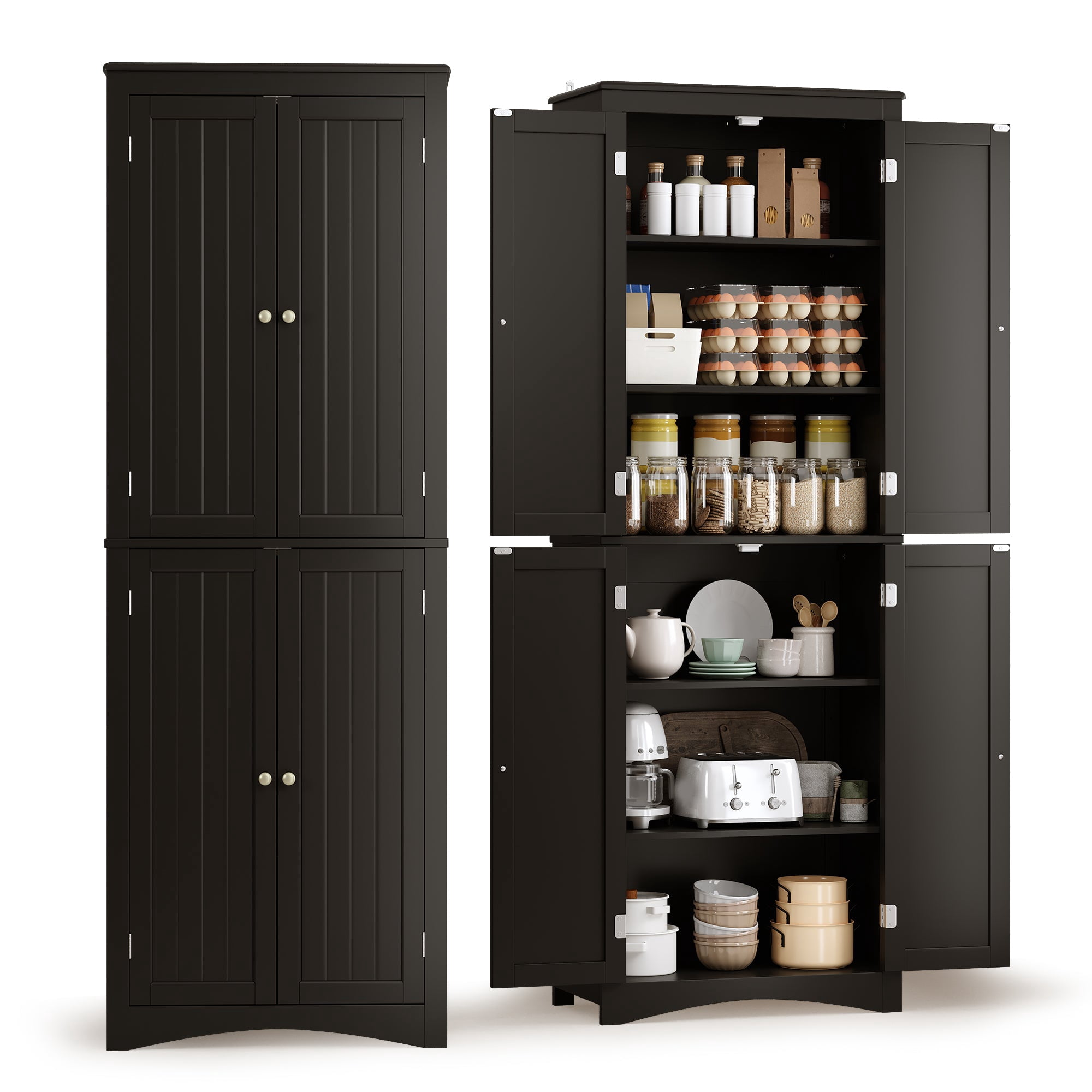 Aiho 66.9" Bathroom Storage Cabinet, Freestanding Wooden Linen Cabinet with 4 Doors & Adjustable Shelves for Bathroom, Kitchen, Black