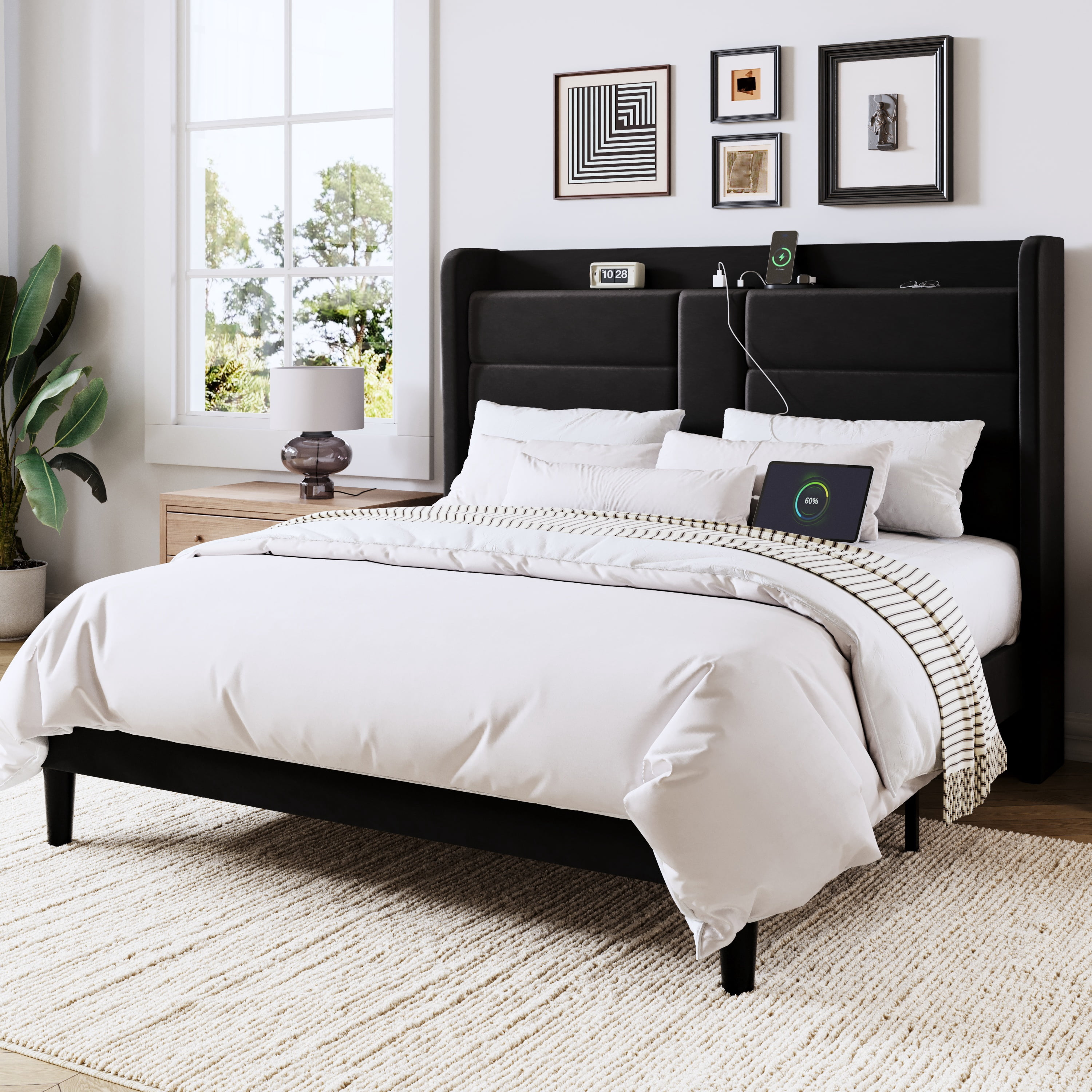 Allewie Full Size Bed Frame with Charging Station, Upholstered Velvet Wingback Design & USB Port, No Box Spring Needed, Black