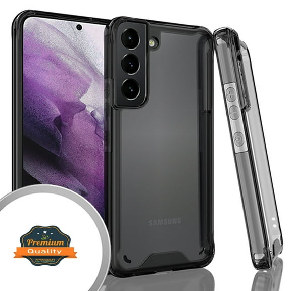 Xpression Case for Samsung Galaxy S22 Plus Slim Body Frame [Shock-Absorption] Hybrid Rubber Gummy TPU Clear Hard Back Protective Phone Cover [Smoke Black]
