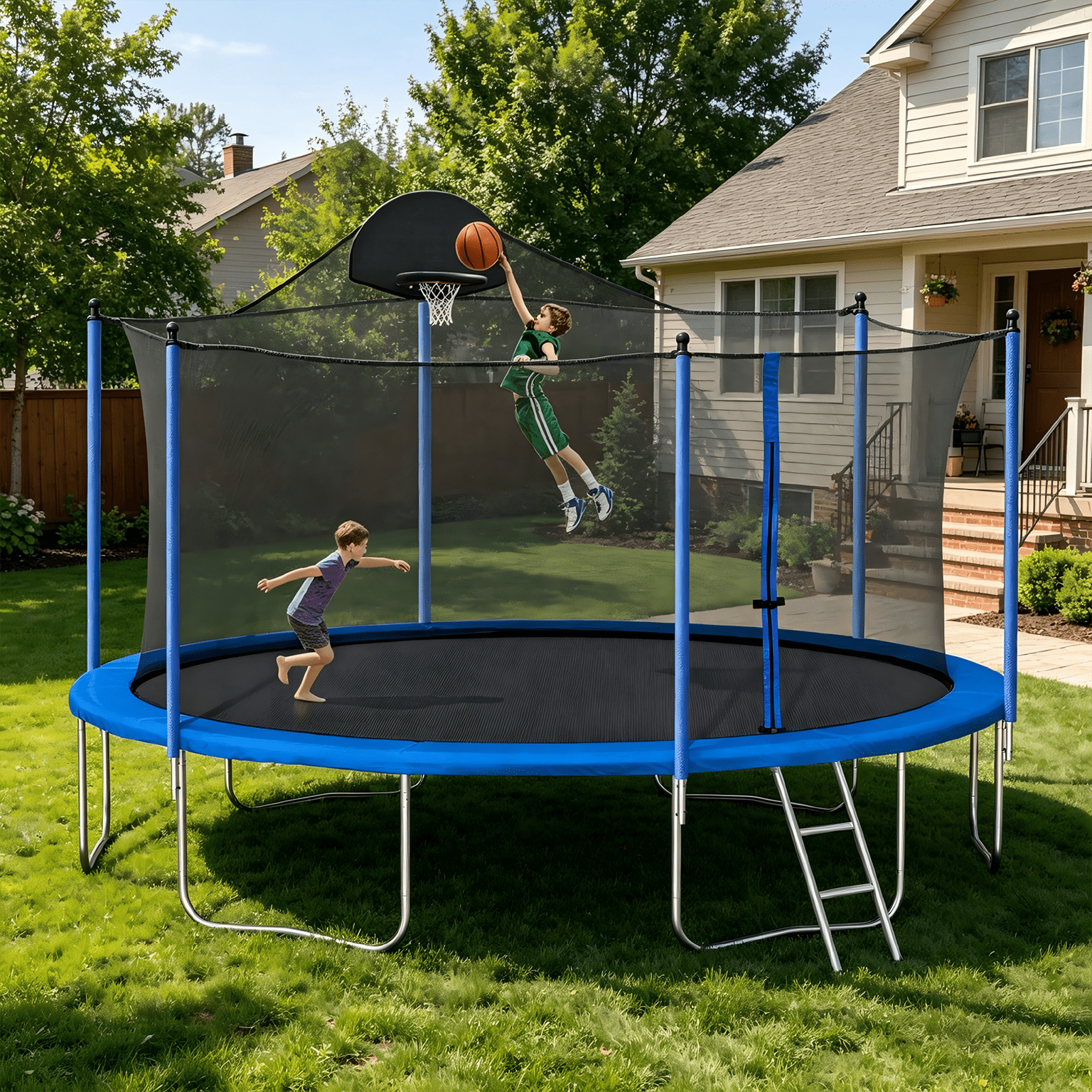 Leumius 14FT Trampoline for Kids and Adults,Outdoor Trampolines with Basketball Hoop and Ladder,Round Trampoline with Safety Enclosure Net,Blue