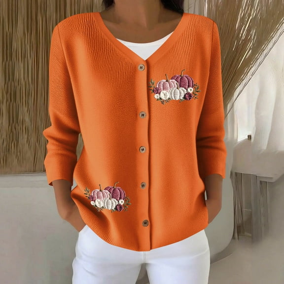 SYMOID Womens Orange Fall Embroidered Cardigan - V-Neck Button-Down 3/4 Sleeve, Soft Lightweight with Pumpkin Floral Embroidery, Inclusive Sizes S-XXXXXL,Size S