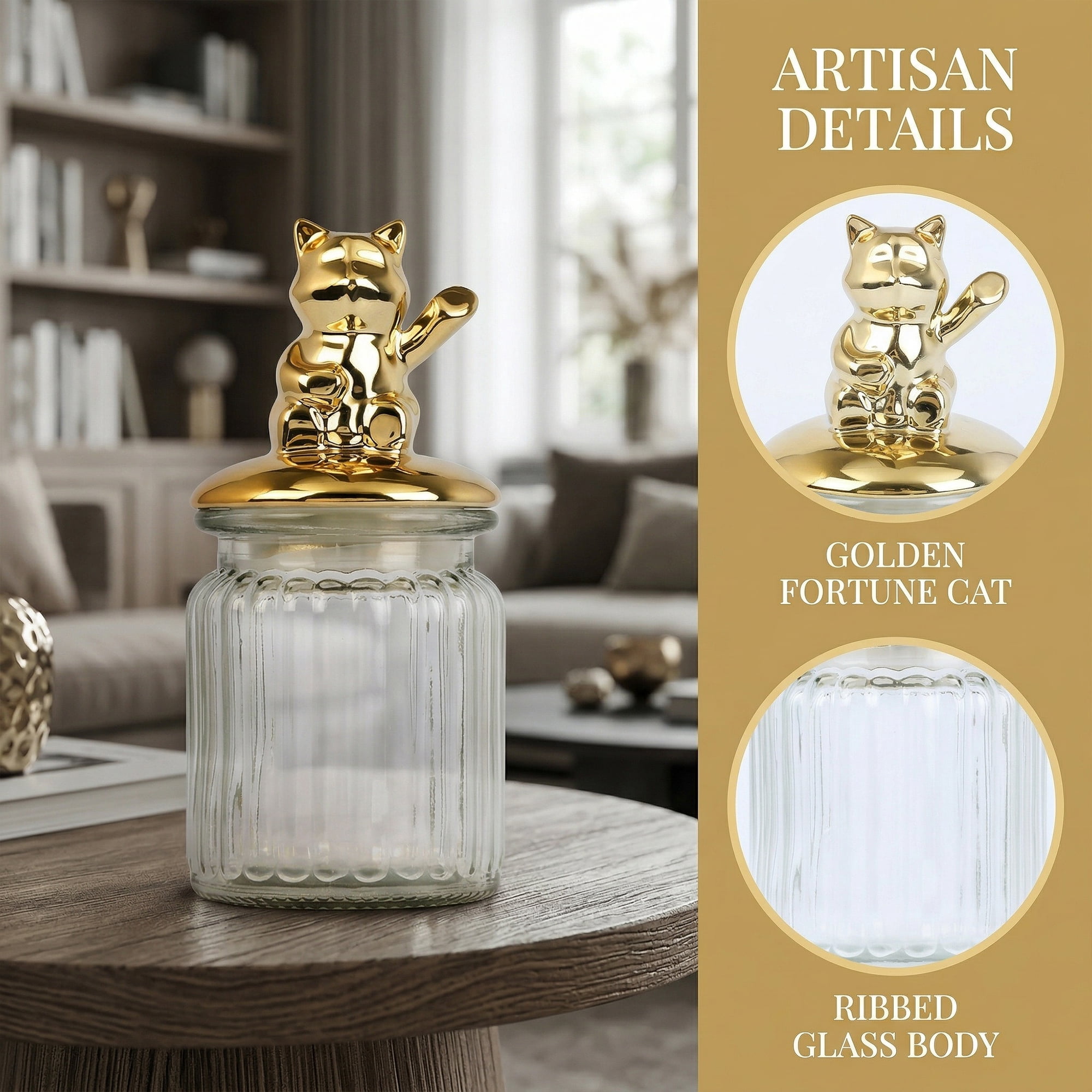 Unique Bargains Decorative Glass Jar With Lid Golden Kitten 3" x 3" x 5.5"