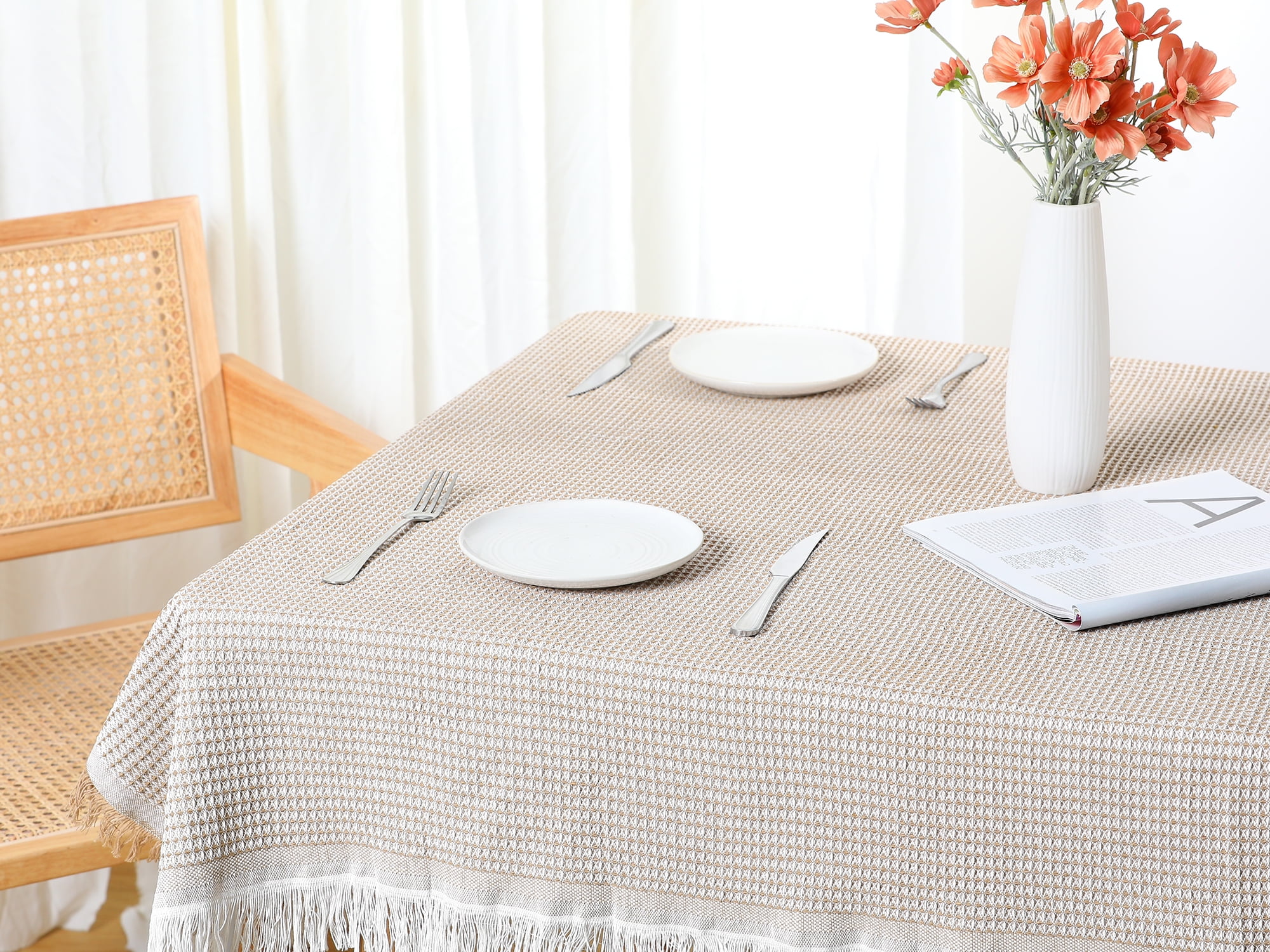 Unique Bargains Rectangle Cotton Linen Table Cover with Tassels for Dining Table Khaki 51"x91"