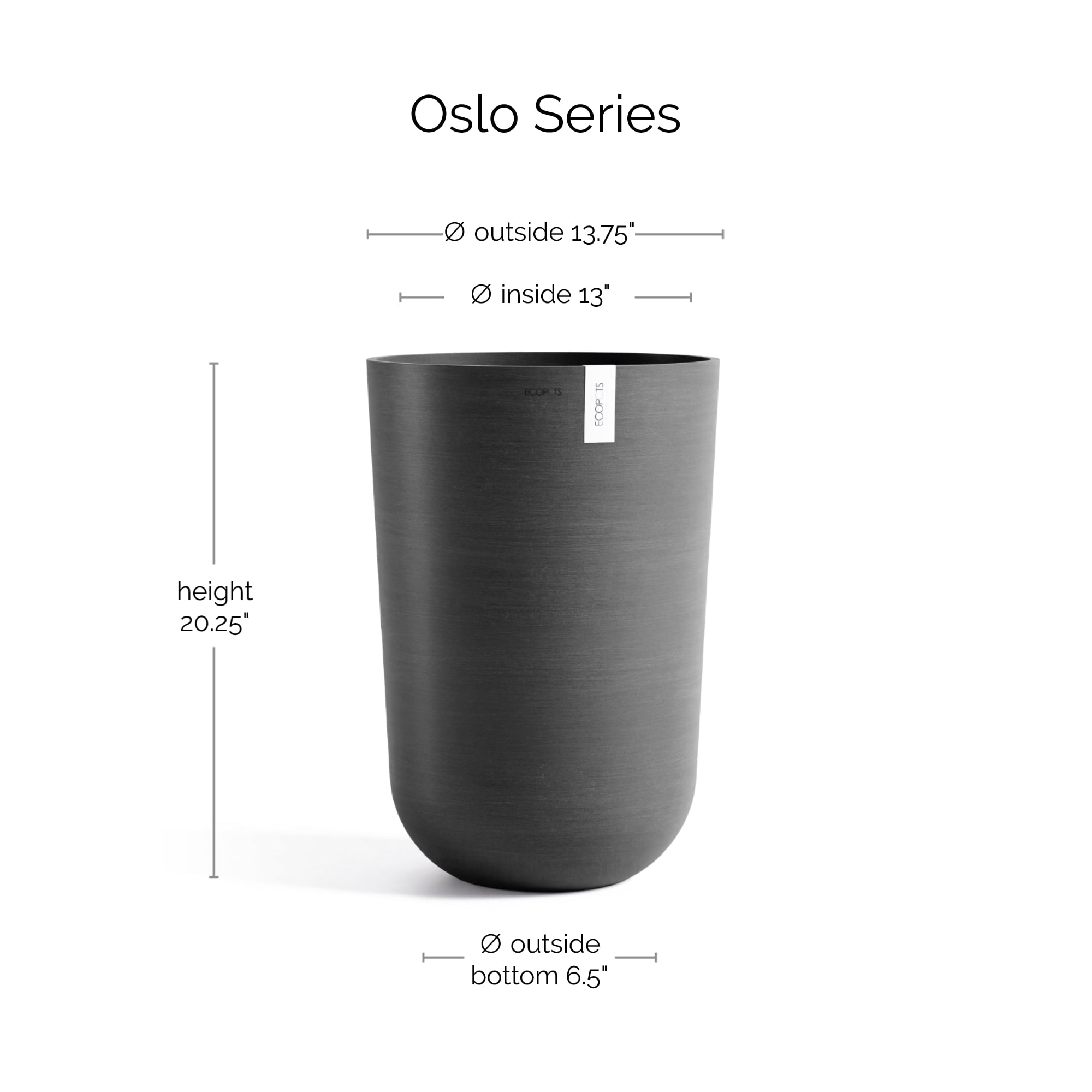 Ecopots Oslo High Durable Modern Round Indoor/Outdoor Recycled Based Composite Flower Pot Planter, Dark Grey, 20.5"