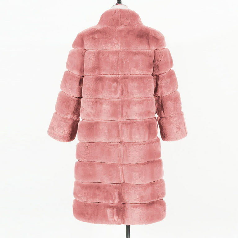 Hinvhai Women's Coat Plus Size Womens Ladies Warm Furry Coat Jacket Winter  Solid V-neck Outerwear Pink 10(XL) 