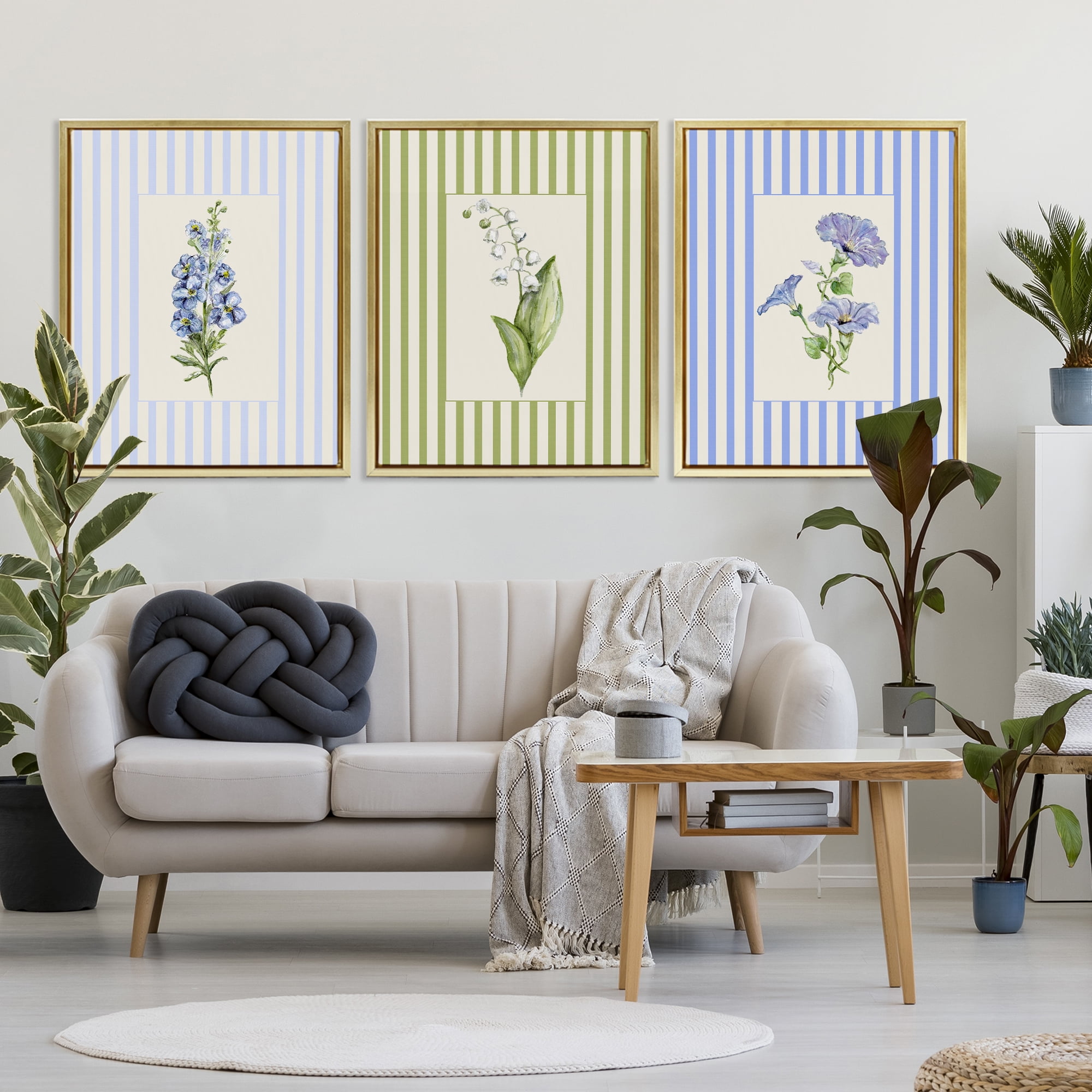 Soft Stripe Cottage Blooms 3 Piece Gold Framed Floater Canvas Set, design by Lisa Wehmeyer