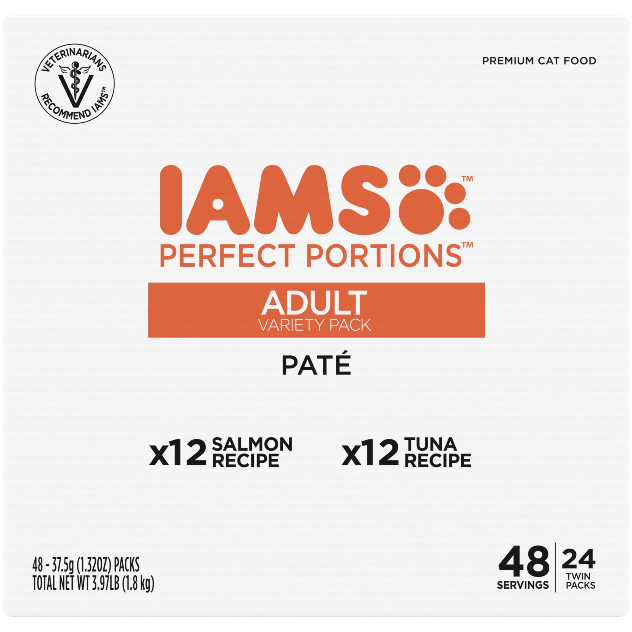 Iams Perfect Portions Healthy Adult Pate, Variety Recipe Wet Cat Food, 2.6 Oz Twin-Pack Trays 24 Ct
