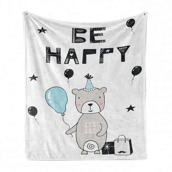 Saying Soft Flannel Fleece Throw Blanket, Nursery Themed Print of Be Happy Lettering Along Balloons and Teddy Bear, Cozy Plush for Indoor and Outdoor Use, 70" x 90", Pale Blue and Pearl, by Ambesonne
