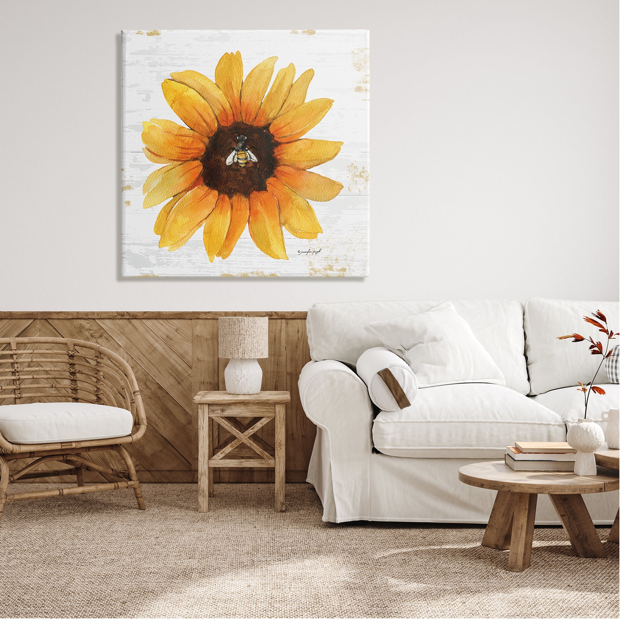 Stupell Industries Rustic Sunflower Petals Lone Bumble Bee Flower Design Graphic Art Gallery Wrapped Canvas Print Wall Art, Design by Jennifer Pugh