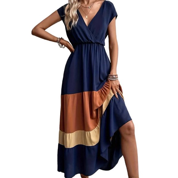 Women Party Color Block Dress High Waist Short Sleeve Maxi V Neck Dress Casual Ruched Ruffle Hem Dress Style 1 XL