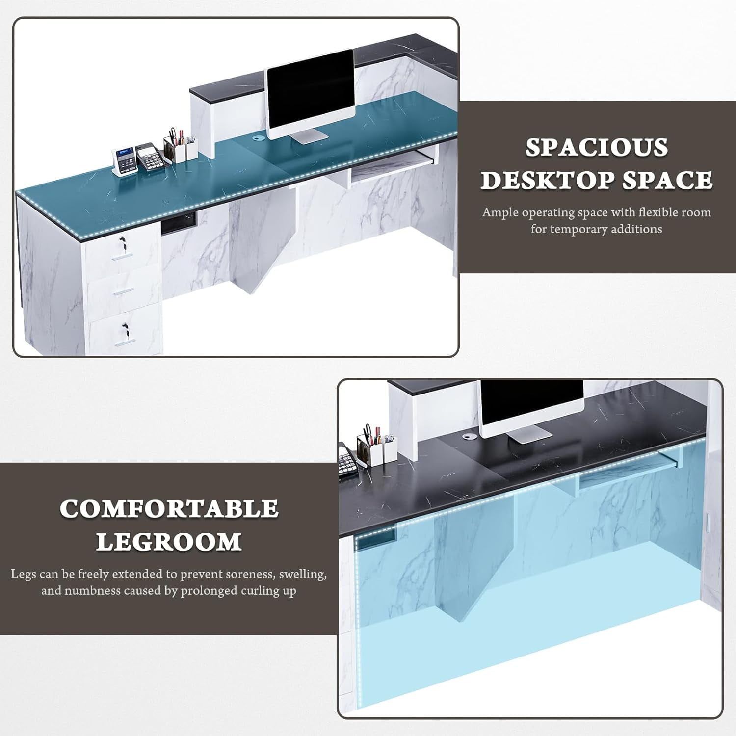 Vakiorn Reception Desk with Lockable Drawers 71x24x41in L Shaped Wooden Storage Keyboard Tray Right Black and White
