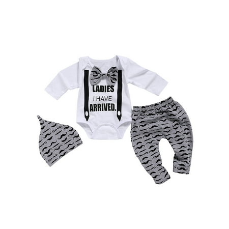 

elfinBE Baby Boy Long Sleeve Mustache Bow Leisure Top Hat Trousers 3PCs set 0-18M