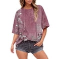 thumbnail image 2 of V-Neck Women's Short Sleeve T-shirt Summer Tops For Women Short Sleeve Crewneck Oversized T Shirts Trendy Solid/Flower Printed Beach Vacation Clothes,Pink Women's Short sleeve T-shirt XL, 2 of 5