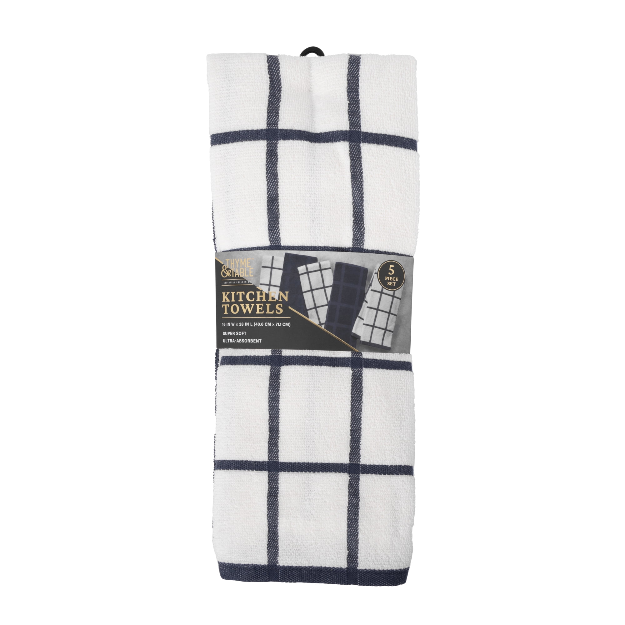 Thyme & Table Kitchen Towels, Navy Windowpane, 5 Pack Set