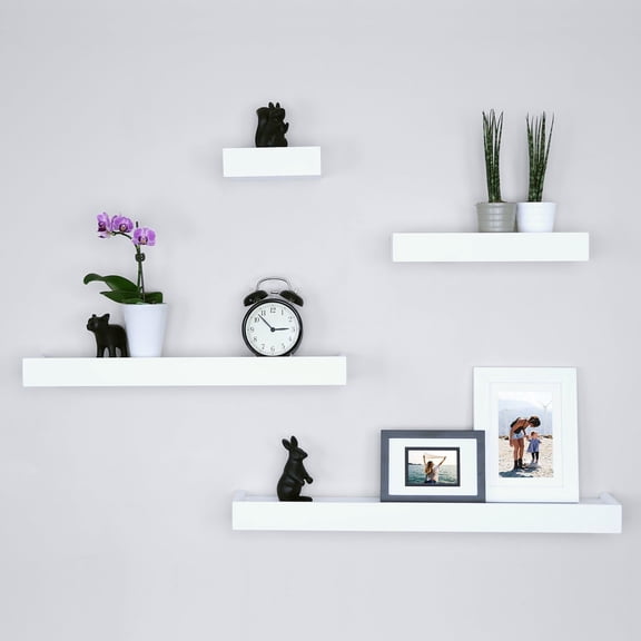 Modern Ledge Wall Shelves, Set of 4 Wood Floating Shelves for Bedroom, Bathroom, Living Room, Kitchen, Nursery, White